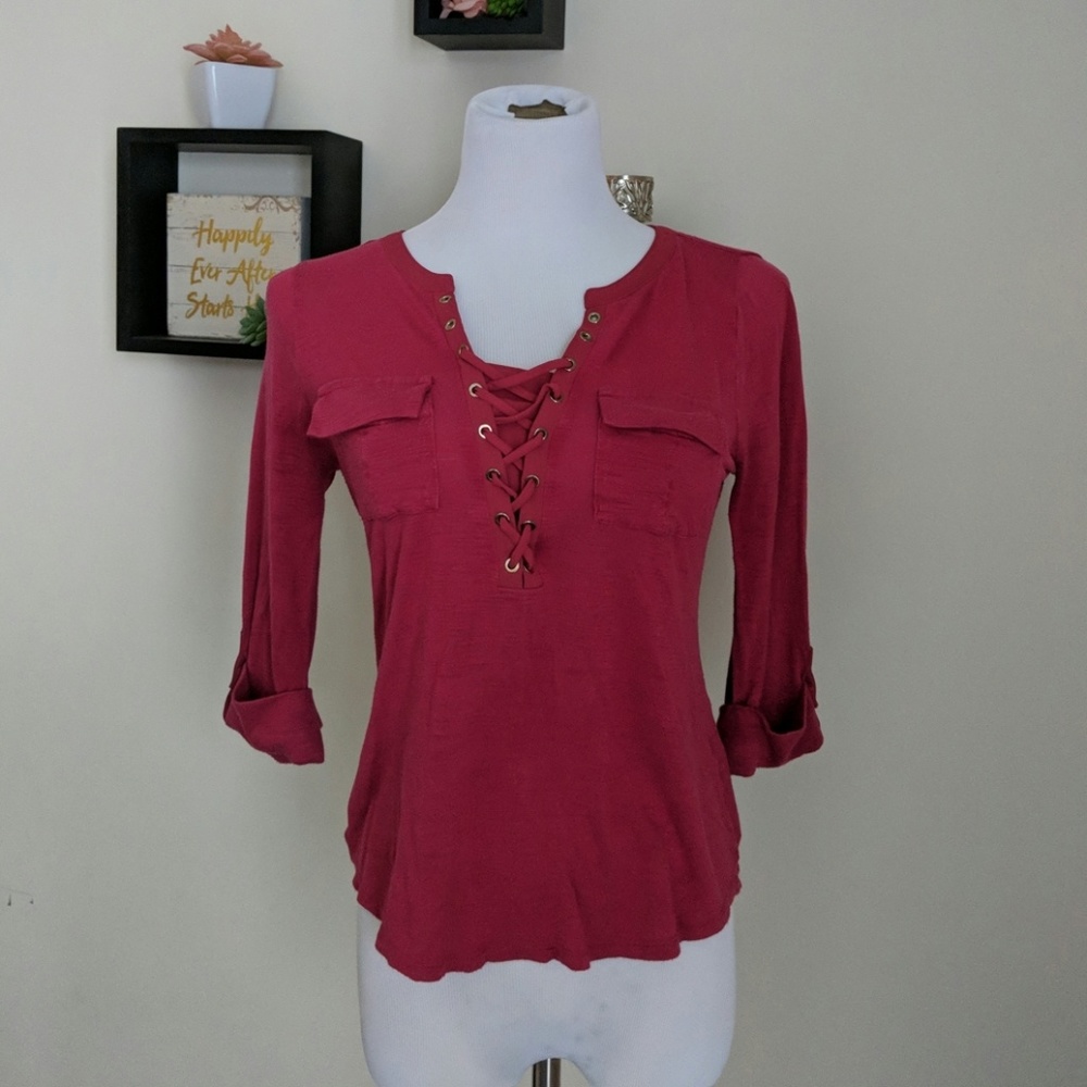 Red Lace Up Front Top White House Black Market